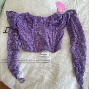 NEW WITH TAGS LAVENDER LACE CORSET LONG SLEEVE OFF SHOULDER TOP Dolls Kill Small